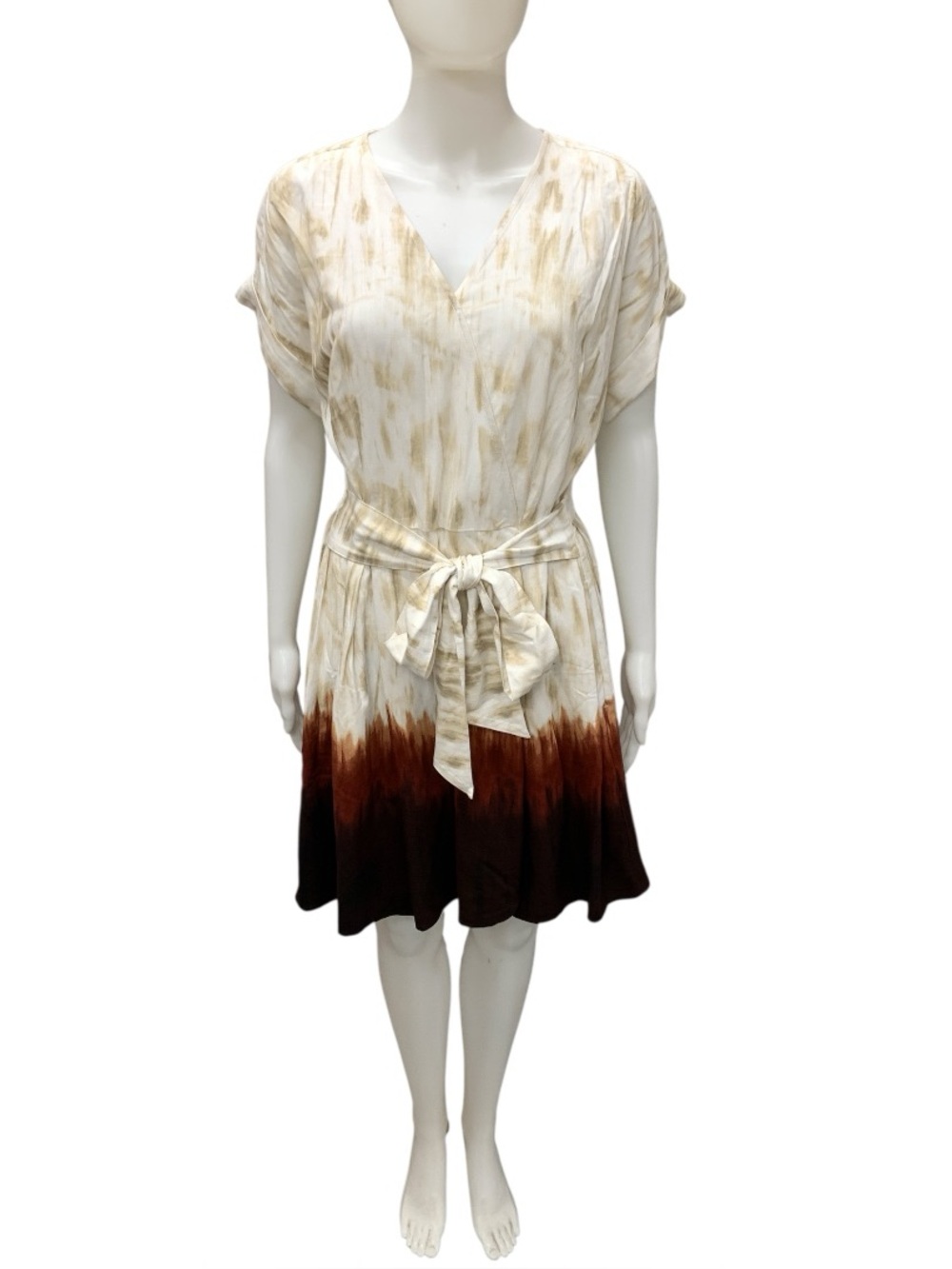 Simply Vera Vera Wang Cream and Brown Dip-Dye V-Neck Midi Dress Size M